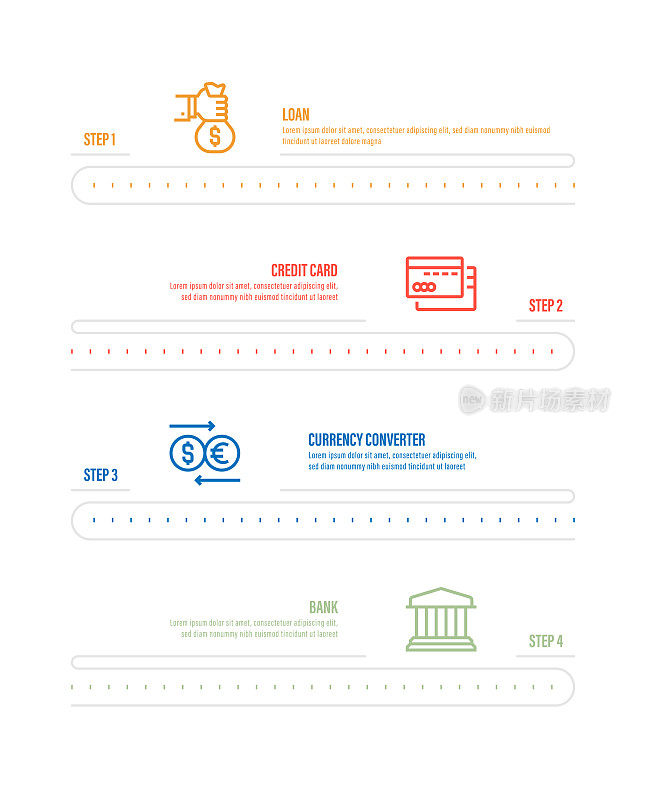 信息图表设计模板。银行，货币转换器，信用卡，贷款图标与4个选项或步骤