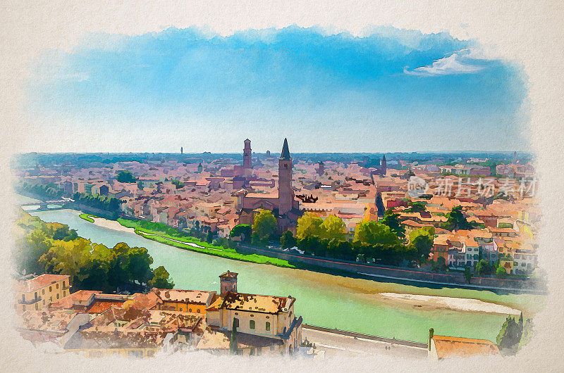 维罗纳历史名城中心，阿迪杰河，圣安娜斯塔西娅教堂，红瓦屋顶的中世纪建筑鸟瞰图水彩画