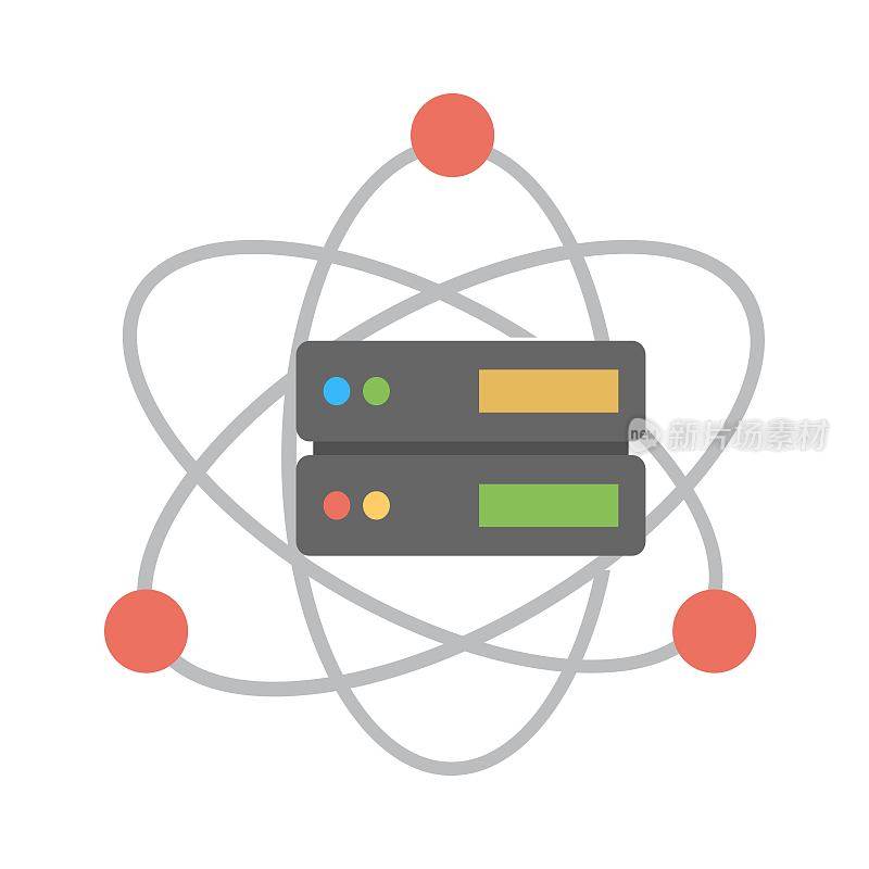 原子周围的服务器图标。量子服务器的象征。数据科学概念。