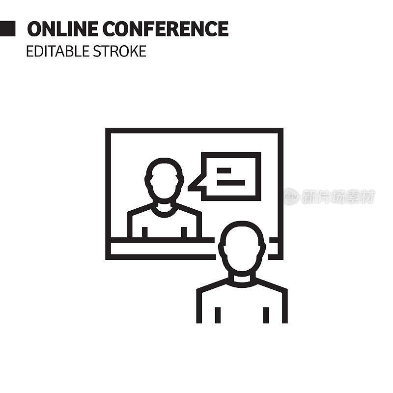 在线会议线图标，轮廓向量符号插图。