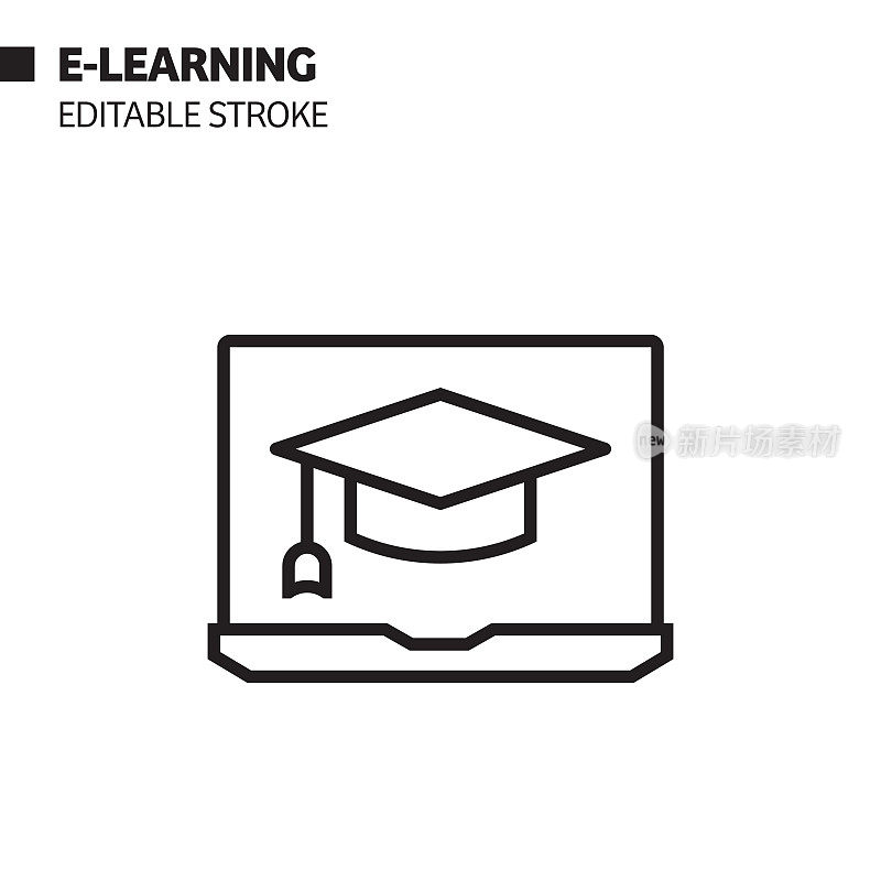 E-Learning线图标，轮廓矢量符号插图。