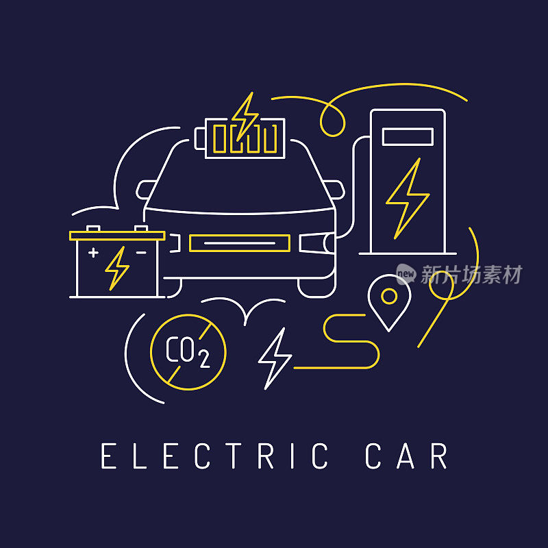 电动汽车概念，现代线条艺术图标背景。线性风格矢量插图。