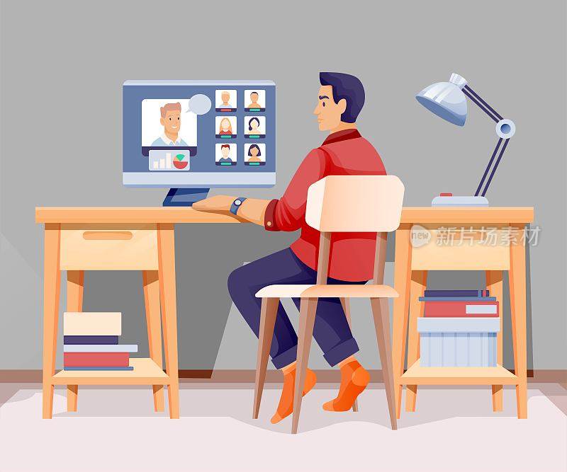 在现代家庭办公室工作的男人。室内设计工作背景。舒适的工作矢量插图区域。年轻的工人坐在家里电脑前的椅子上