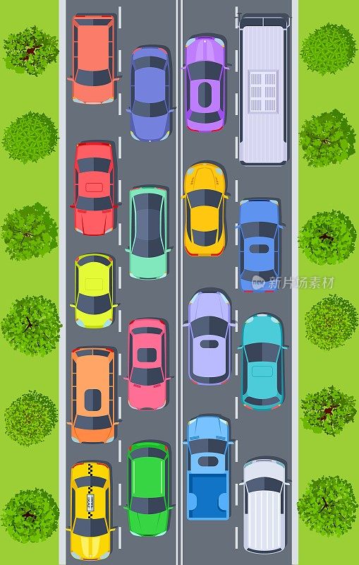 交通堵塞。俯瞰高速公路上的卡车和汽车堵在路上。城市交通管理矢量概念