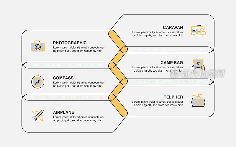 信息图表设计模板。摄影，指南针，飞机，大篷车，野营包，telphher图标与6个选项或步骤。