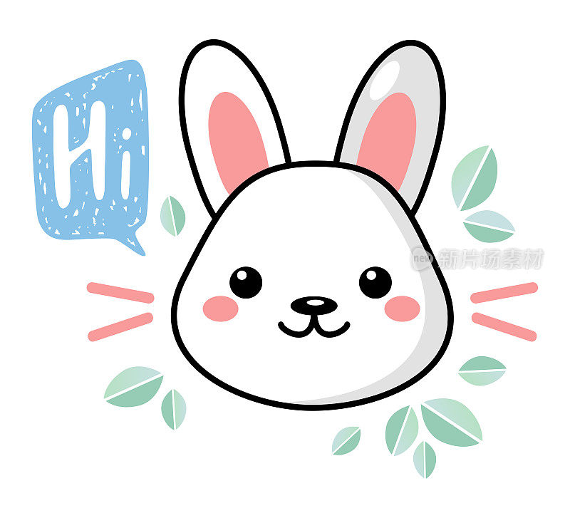 可爱的白色卡哇伊兔子，上面写着Hi。