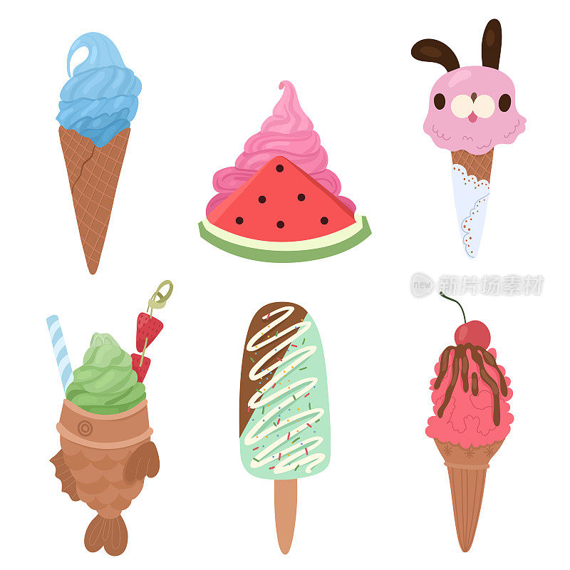可爱的冰淇淋:蛋筒冰淇淋，华夫饼，串在一根棍子上，鱼烧。美味的甜点冷却。矢量手绘插图。