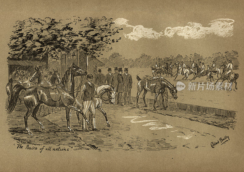 维多利亚马球比赛的场景，19世纪所有国家的小马