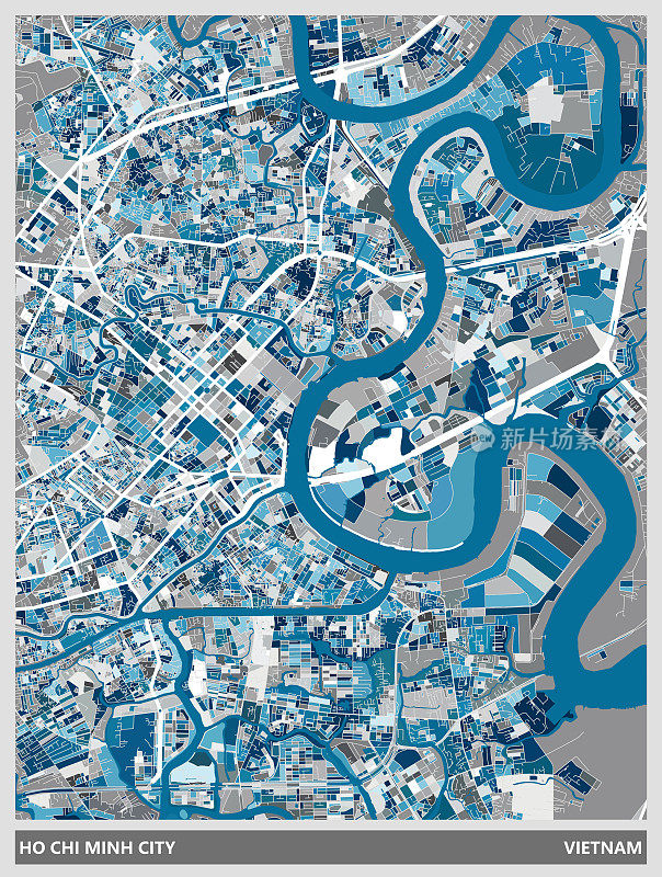 越南胡志明市(西贡)蓝色艺术插画风格地图