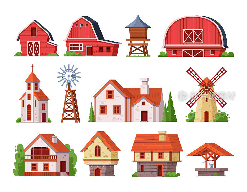 农村建筑。乡村景观建筑，用于居住或制造的砖木建筑施工。乡村小屋，教堂，磨坊，风车，等等