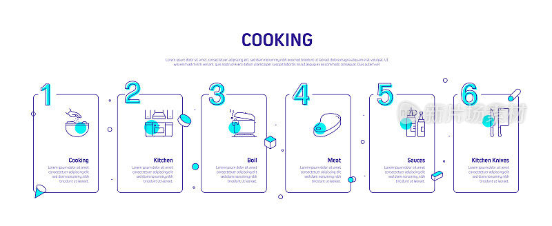 烹饪相关流程信息图模板。过程时间图。工作流布局与线性图标