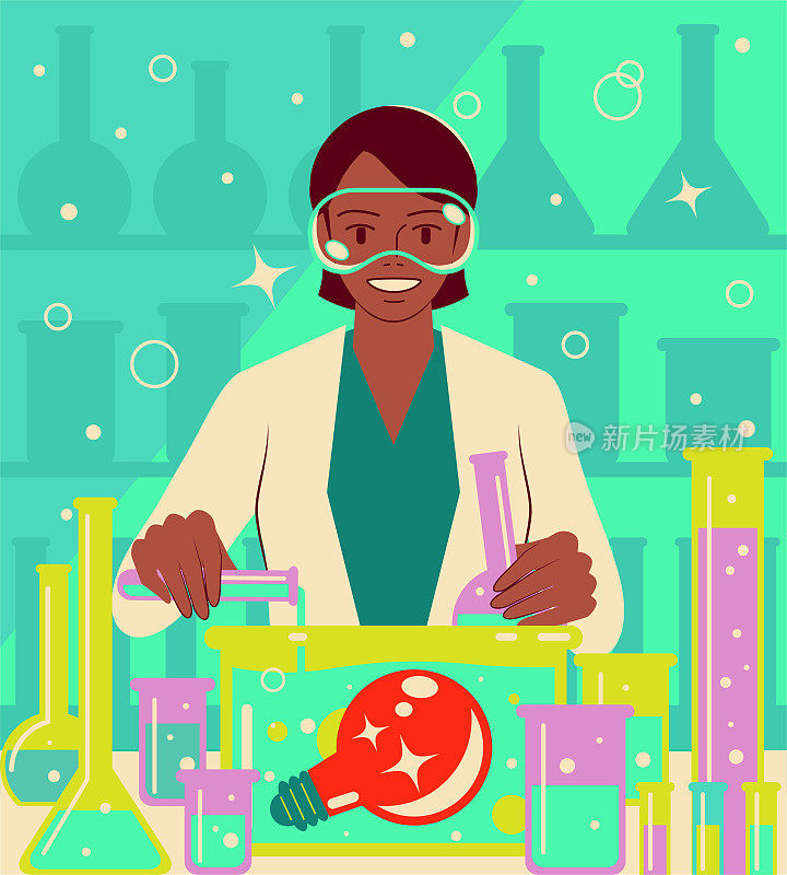 一位微笑着的年轻女科学家或化学家正在做一个科学实验，并将液体倒入一个装有大点子灯泡的瓶子里