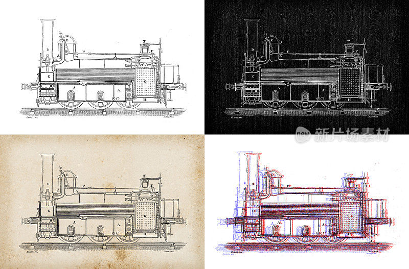 科学发现的古董插图:蒸汽动力机车