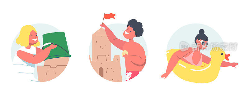 设置男孩和女孩的角色泳装玩在海滩上建造沙城堡，游泳在充气环。孩子的乐趣