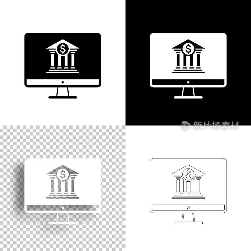 带银行的台式电脑。图标设计。空白，白色和黑色背景-线图标
