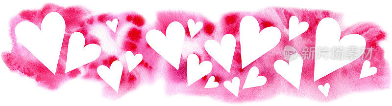 情人节的背景。水彩粉红色飞溅与心。手绘浪漫的插图