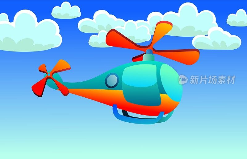 直升机在空中飞行。卡通风格的插图。可爱的孩子气。在云层的背景下。向量