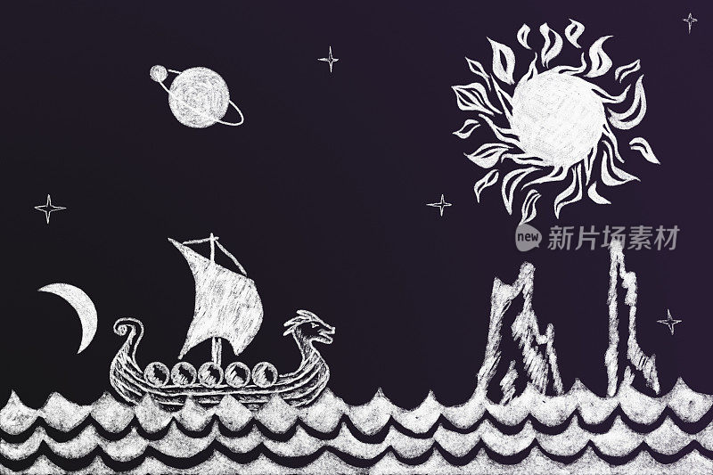 有趣的历史粉笔画与海盗船和峡湾