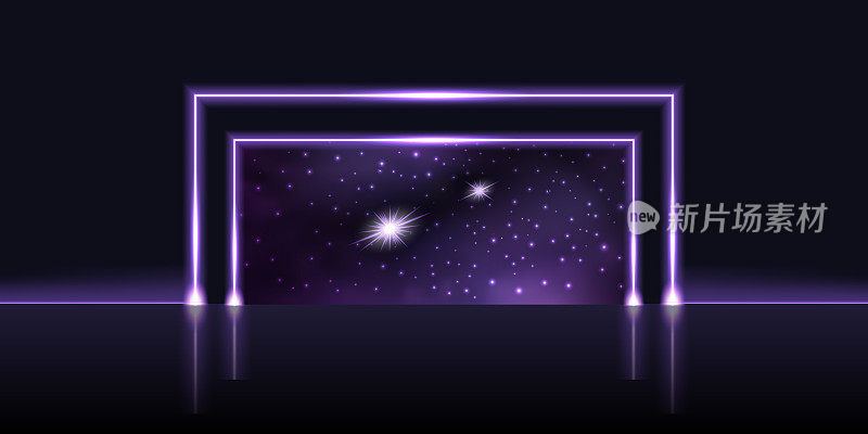 霓虹之门，通往星系空间的入口。紫色的宇宙之门，星状星云，魔幻或科技未来的设计元素。黑暗的夜空，矢量插图
