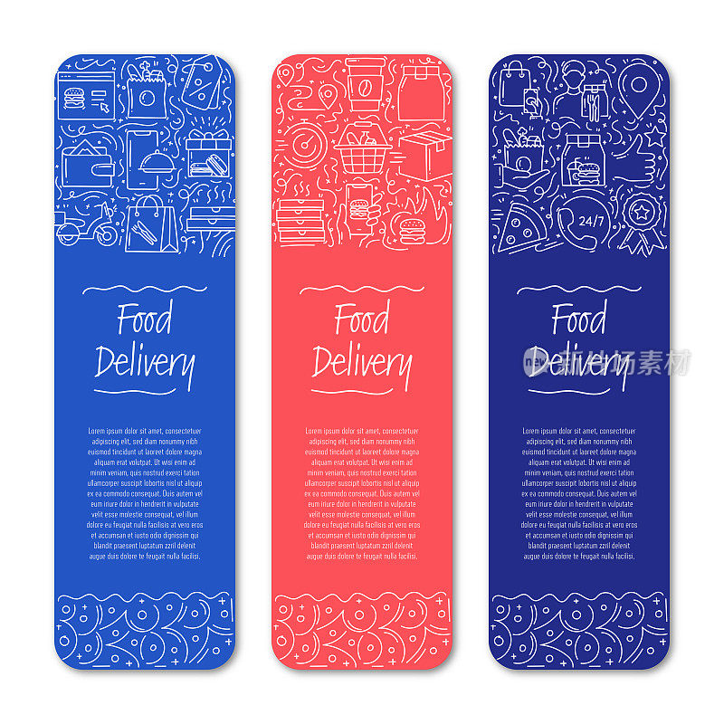 食品配送相关对象和元素。手绘矢量涂鸦插图集合。横幅模板与不同的食品交付对象