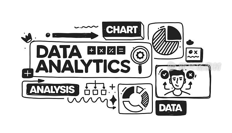 数据分析对象和元素。矢量涂鸦插图收集。手绘图标集或横幅模板