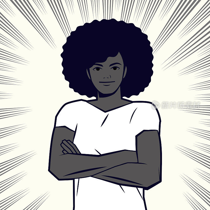 强壮的黑人女性，留着非洲式的发型，穿着休闲的衣服，交叉双臂，看着镜头，漫画效果线条背景