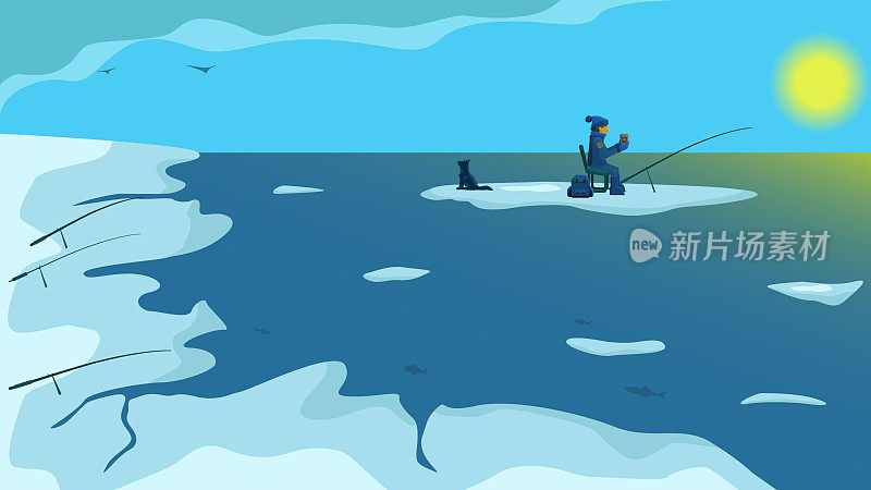 一个渔夫和一只狗在浮冰上