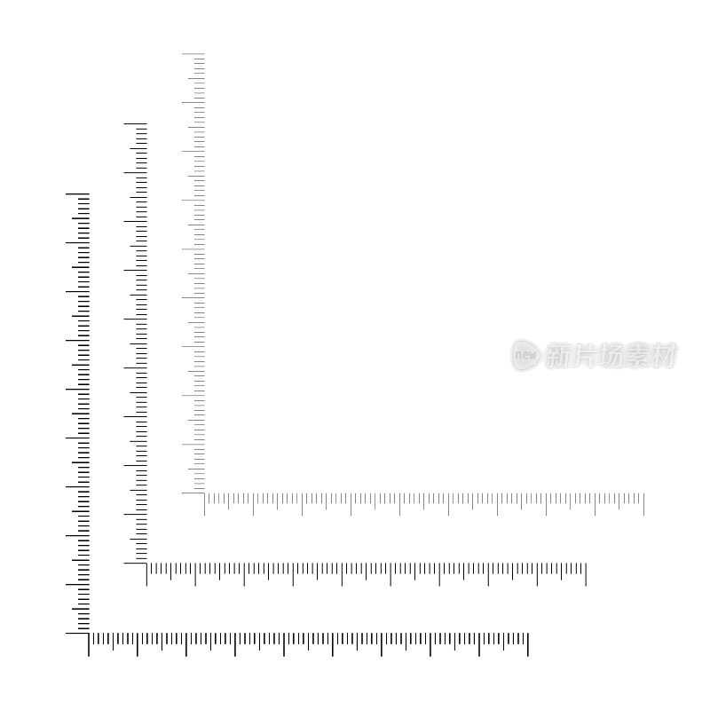 矢量插图的不同角标尺孤立在白色背景。一组平面风格的测量仪器线。垂直和水平测量尺度。标记为统治者。