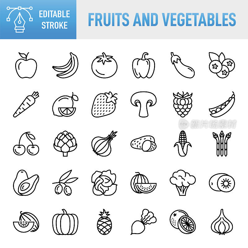 水果和蔬菜-细线矢量图标设置。像素完美。可编辑的中风。为移动和网络。这套包含图标:水果，蔬菜，胡萝卜，食物，番茄，香蕉，苹果-水果，橘子-水果，西瓜，甜瓜，洋葱，西兰花，生土豆，S