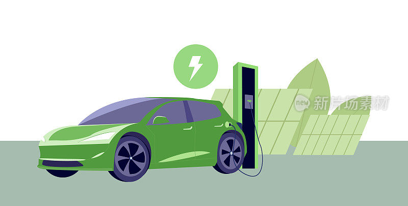电动汽车在充电站与绿色天际线。电动汽车充电和从可再生能源发电太阳能电池板，风力涡轮机。车辆被起诉。