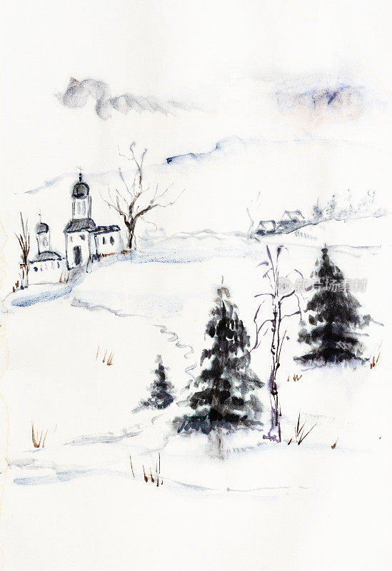 冬天的风景，山村与古老的教堂