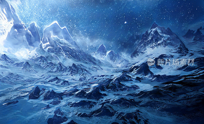 神奇的冬季史诗山的神奇景观。冰冻的性质。山上的冰川。神秘的山谷。艺术油画。艺术品草图。游戏背景。书籍封面及海报