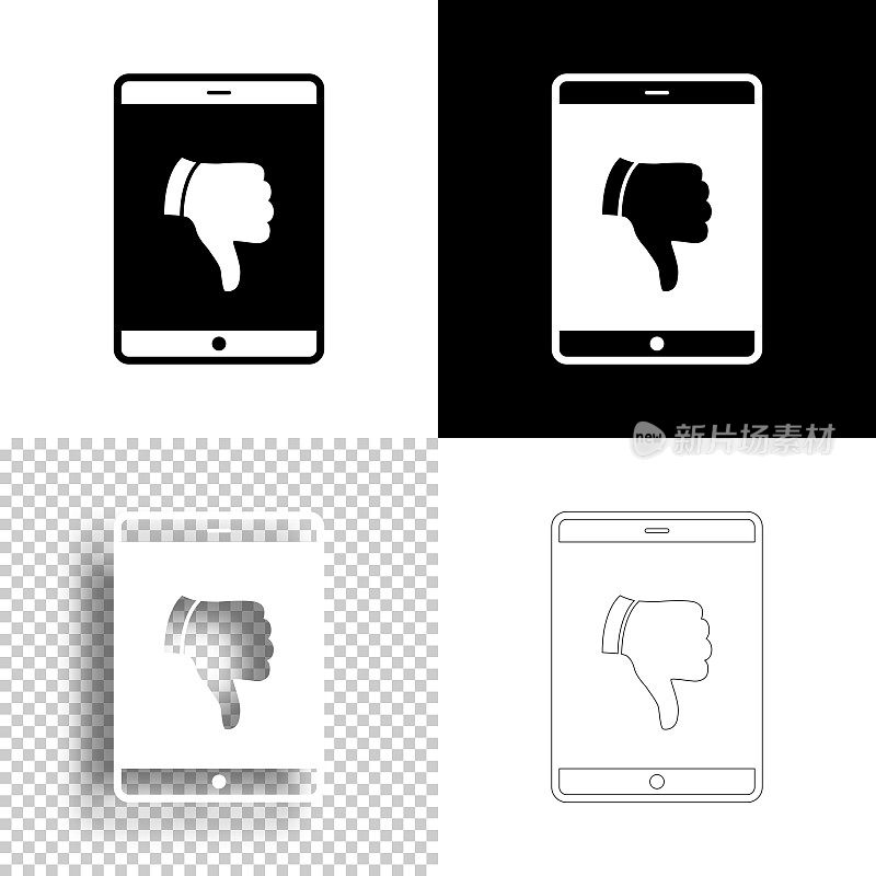 平板电脑与拇指向下。图标设计。空白，白色和黑色背景-线图标