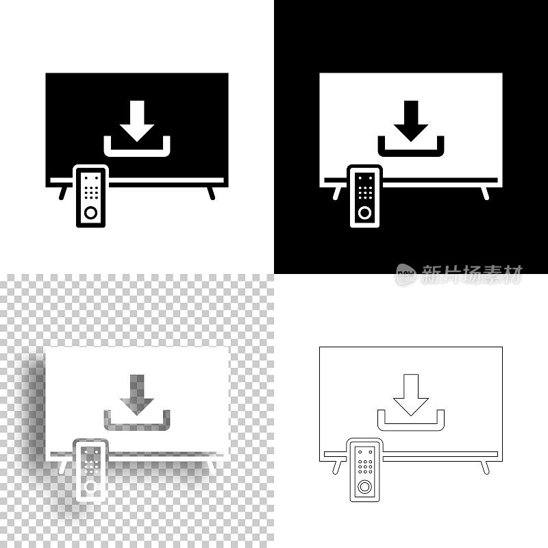 在电视上下载。图标设计。空白，白色和黑色背景-线图标