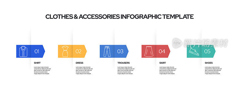 服装和配件概念矢量线信息图形设计图标。5选项或步骤的介绍，横幅，工作流程布局，流程图等。