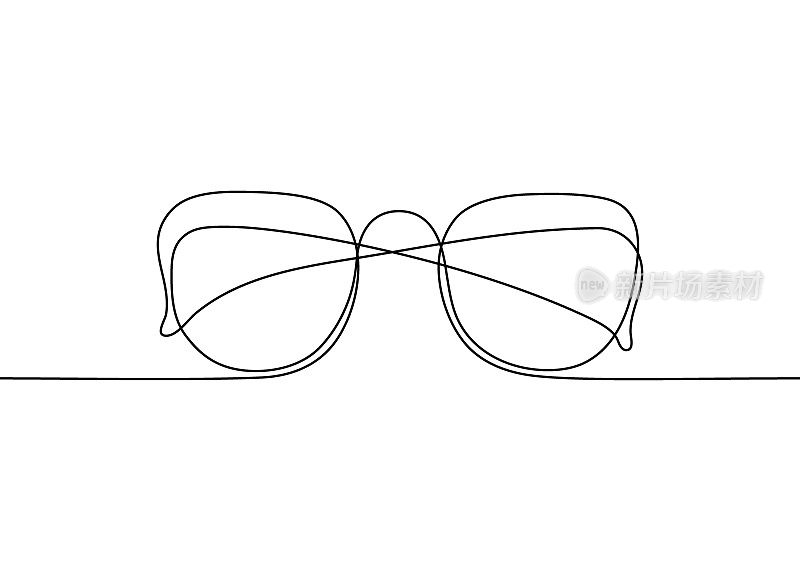 眼镜一款黑色单线连续绘画风格，太阳镜轮廓。眼镜的正面视图极简线性素描。保护眼睛免受阳光照射。矢量插图在白色背景