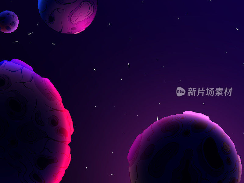 手绘3d空间海报插图-小行星,行星和恒星。