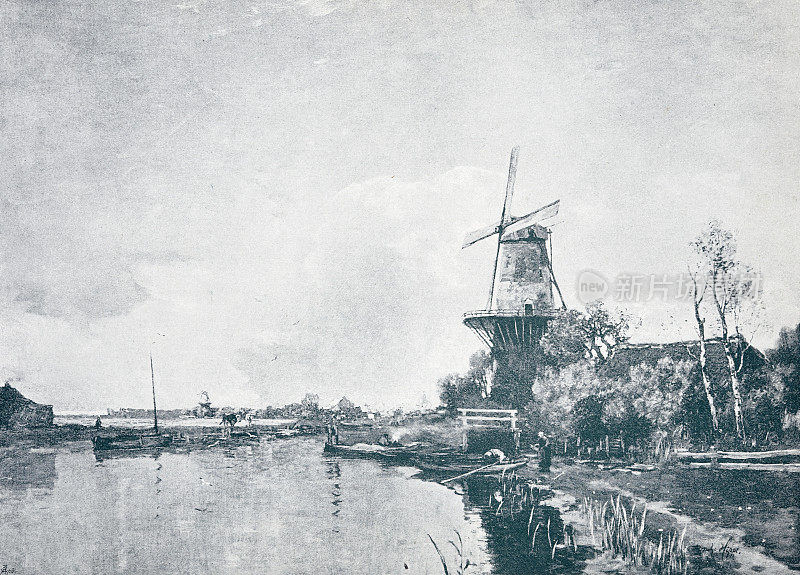 荷兰的秋天的早晨,河流和风车