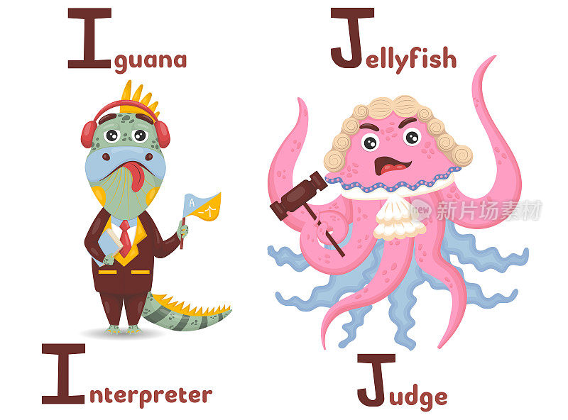 拉丁字母ABC动物职业开始i鬣蜥口译员和字母j水母裁判卡通风格。