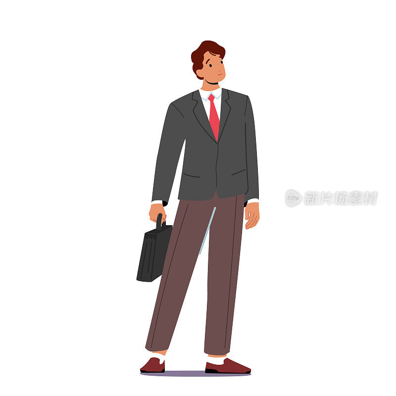 微笑自信的商人，男性角色穿着正式的西装，手里拿着公文包孤立在白色背景