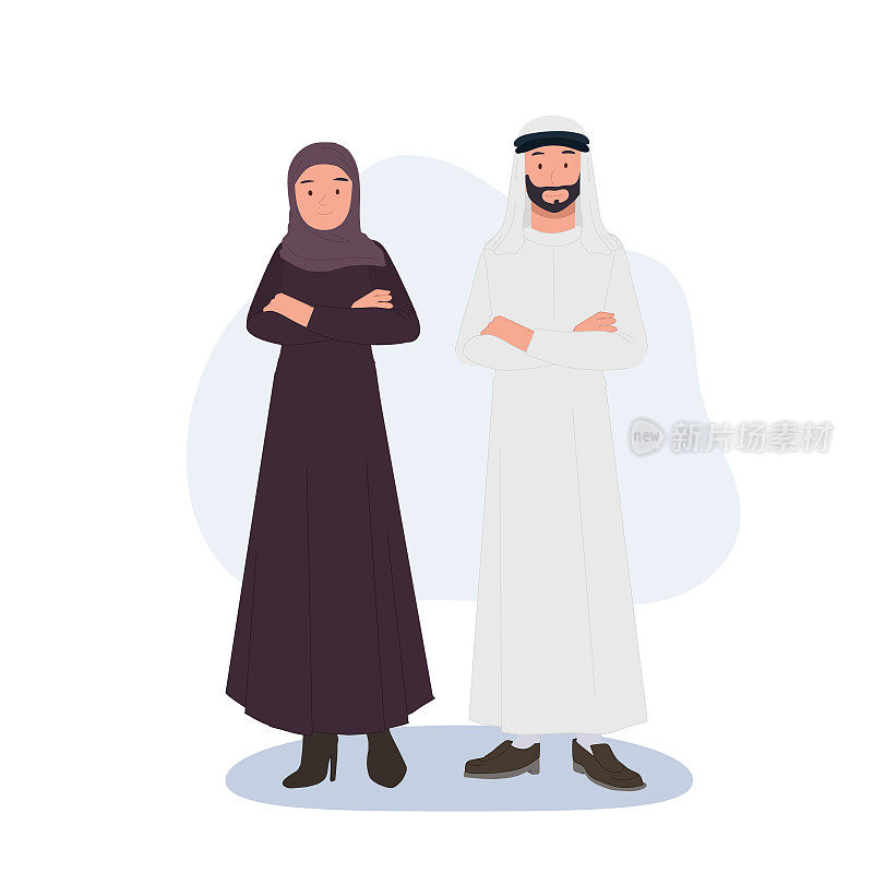 阿拉伯穆斯林夫妇。戴传统头巾的阿拉伯人。沙特男人和女人。伊斯兰文字的矢量插图。