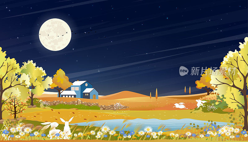 秋天的乡村景观在夜晚与满月在深蓝色的天空背景，矢量卡通秋天的季节在农村与兔子在森林树和草地，背景中秋旗帜
