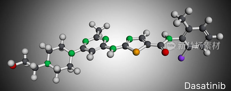 达沙替尼的分子。它被用于治疗骨髓性白血病，CML和急性淋巴细胞白血病，ALL。分子模型。三维渲染