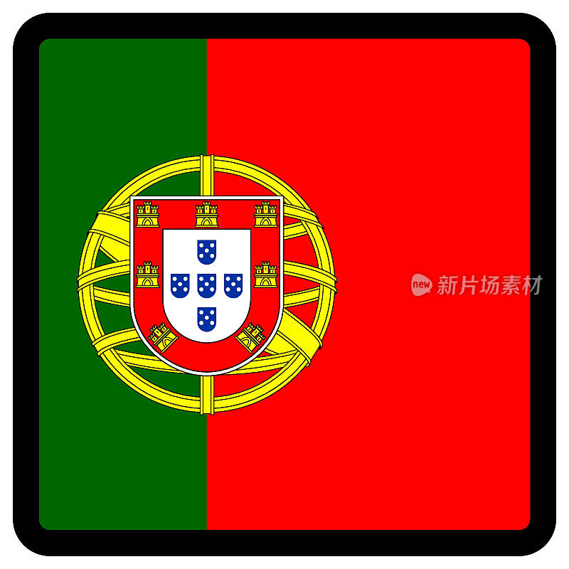 方形的葡萄牙国旗，对比鲜明的轮廓，社交媒体交流标志，爱国主义，网站语言切换按钮，图标。