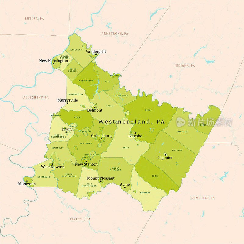 PA威斯特摩兰县矢量地图绿色