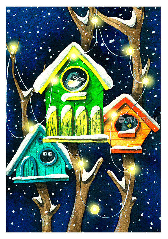 鸟屋与鸟在树上，在白雪皑皑的森林与雪花环。水彩插图、海报。用于设计明信片、横幅、包装、圣诞用具、礼品、标签