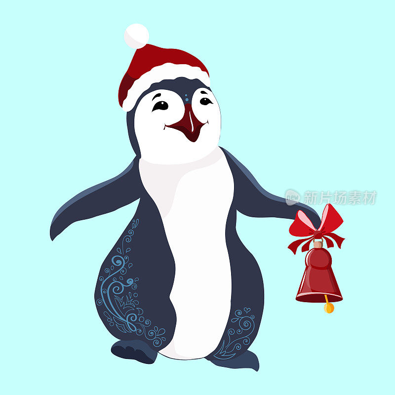 北方的企鹅。新年到，雪花飘红钟响。北极的动物。插图矢量孤立风格。彩色图片礼品包装。