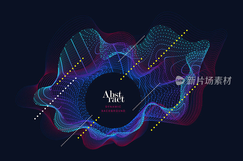 带有动态粒子的抽象背景。圆形网格模式。