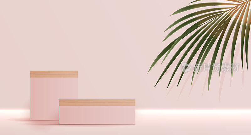 化妆品粉红色背景和优质平台展示产品介绍，品牌和包装介绍。工作室阶段与阴影的树叶背景。矢量设计