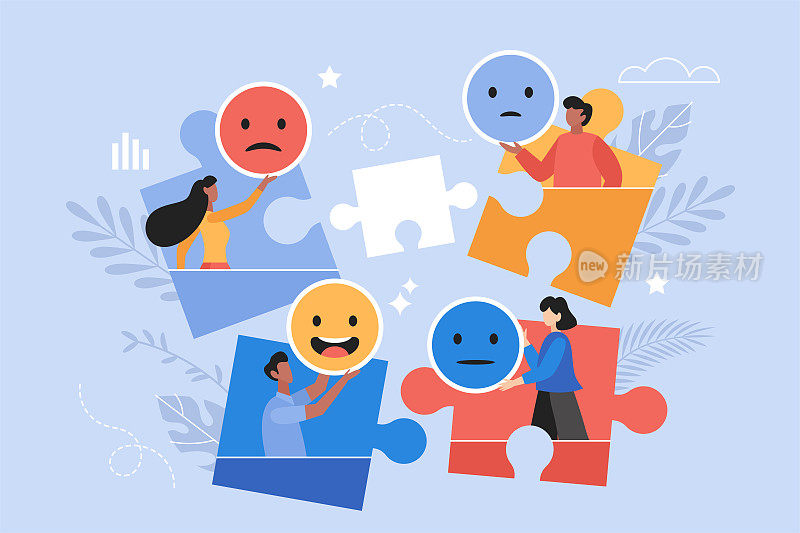 客户反馈、用户体验或客户点评评级的经营理念。现代矢量插图的人团队持有表情符号和笑脸图标与拼图元素